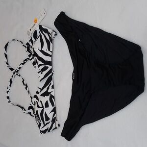 Aqua Animal Print Top And Black Bikini Bottoms